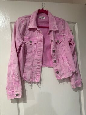Risen Cropped Pink Denim Jacket with Distressed Hem - Women's Jean Jacket NEW